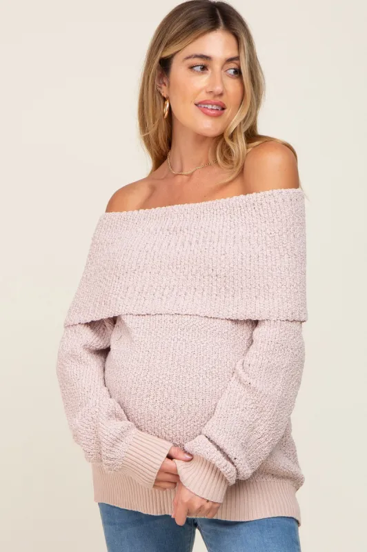 Beige Foldover Off Shoulder Maternity Sweater sold by Pinkblush