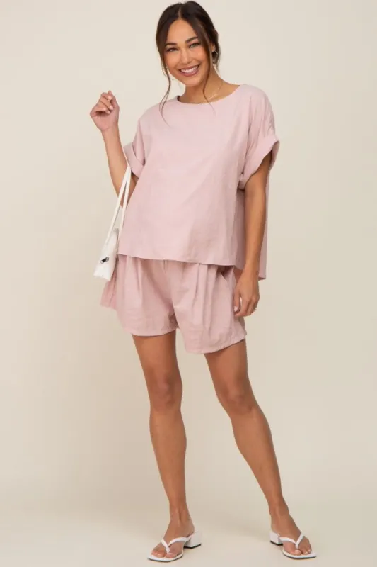 Light Pink  Short Cuffed Sleeve Top and Short Maternity Set sold by Pinkblush