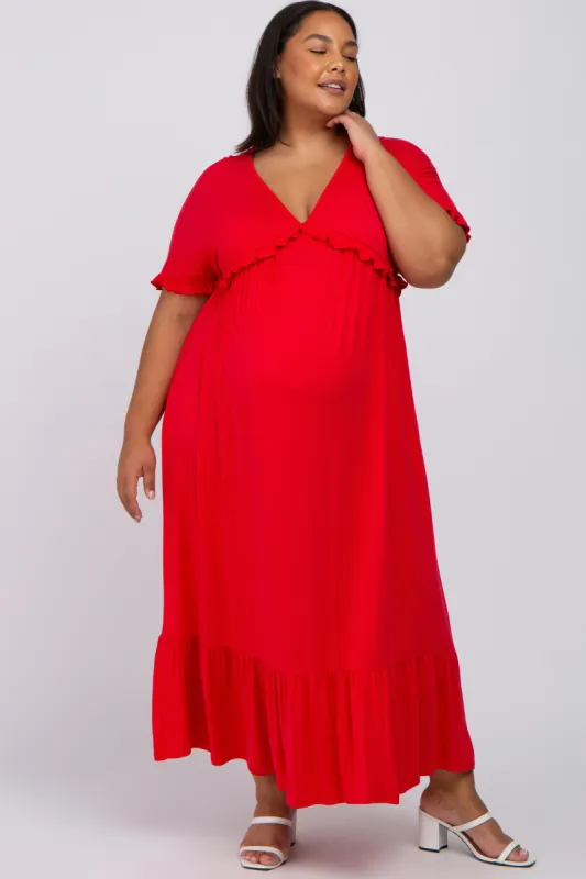 Red Solid Ruffle Maternity Plus Maxi Dress sold by Pinkblush