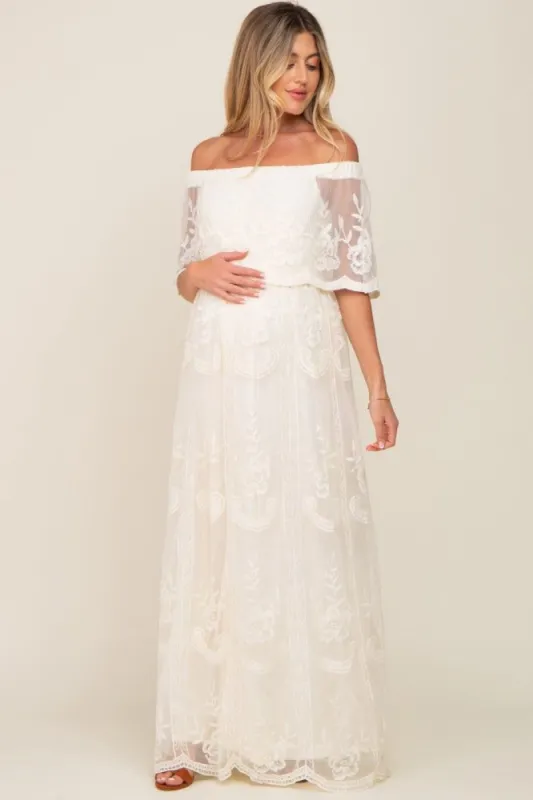 Cream Lace Mesh Overlay Off Shoulder Maternity Maxi Dress sold by Pinkblush