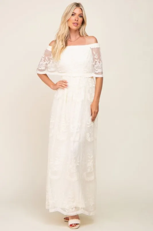Cream Lace Mesh Overlay Off Shoulder Maxi Dress sold by Pinkblush