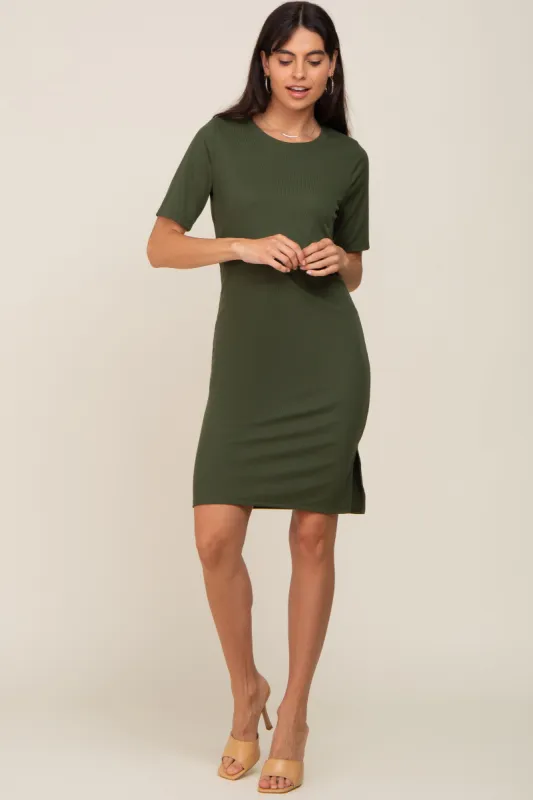 Olive Ribbed Basic Short Sleeve Dress sold by Pinkblush
