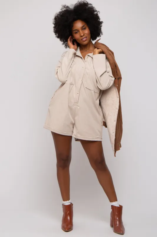 Beige Corduroy Button Up Front Pocket Romper sold by Pinkblush