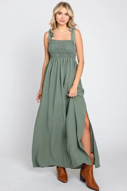 Olive Textured Smocked Shoulder Tie Maxi Dress sold by Pinkblush