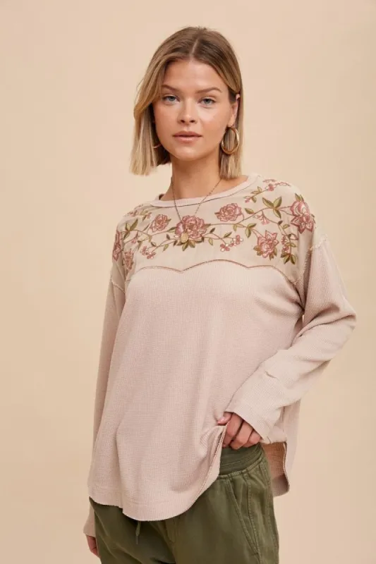 Almond Thermal Embroidered Yoke Top sold by Pinkblush