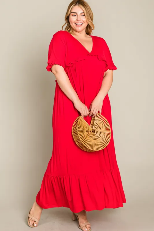 Red Solid Ruffle Plus Maxi Dress sold by Pinkblush
