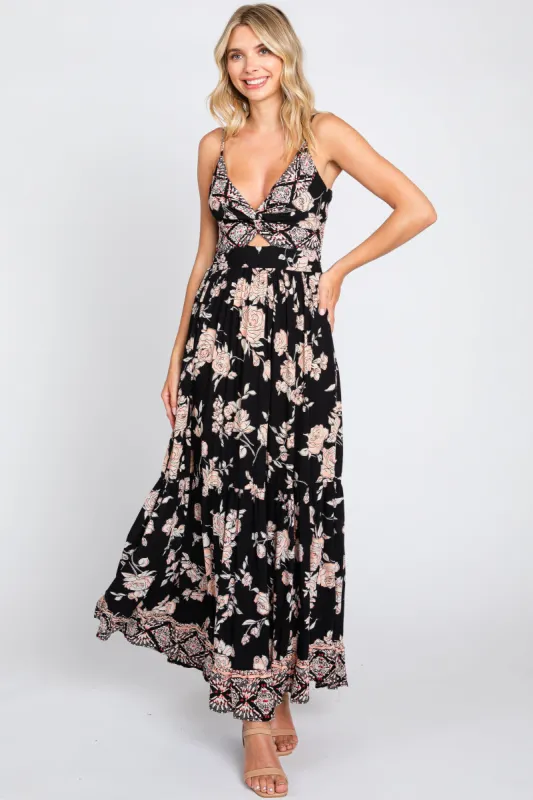 Black Floral Border Print Front Twist Maxi Dress sold by Pinkblush