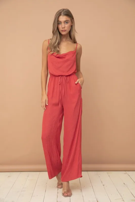 Red Cowl Neck Animal Print Satin Jumpsuit sold by Pinkblush