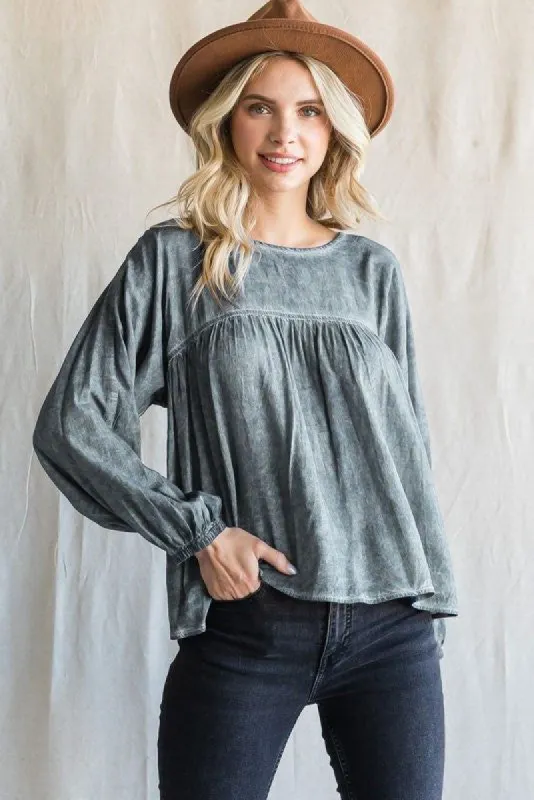 Charcoal Washed Raglan Bubble Sleeves Top sold by Pinkblush