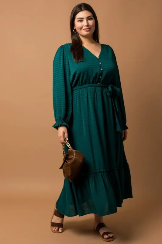 Forest Green V-Neck Front Button Satin Jacquard Midi Dress sold by Pinkblush