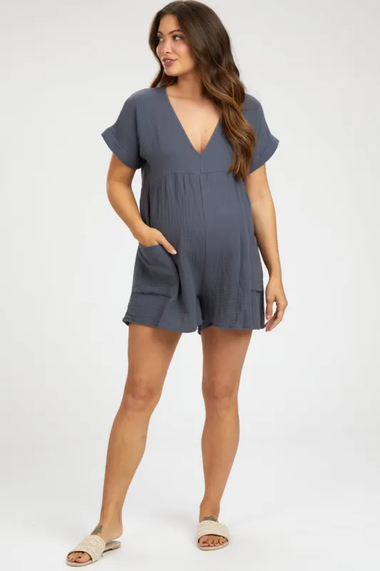 Charcoal Gauze Short Sleeve Maternity Romper sold by Pinkblush