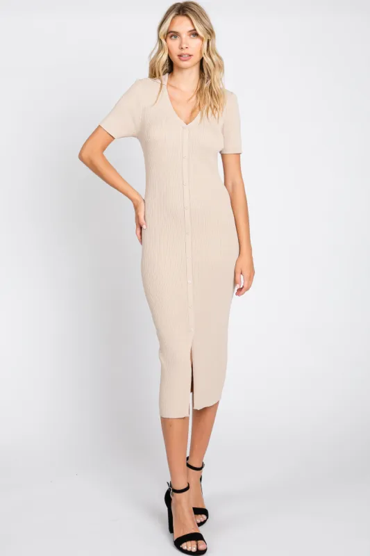 Taupe Collared Button Front Ribbed Midi Dress sold by Pinkblush