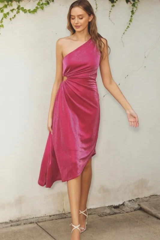 Magenta One Shoulder Asymmetrical Midi Dress sold by Pinkblush