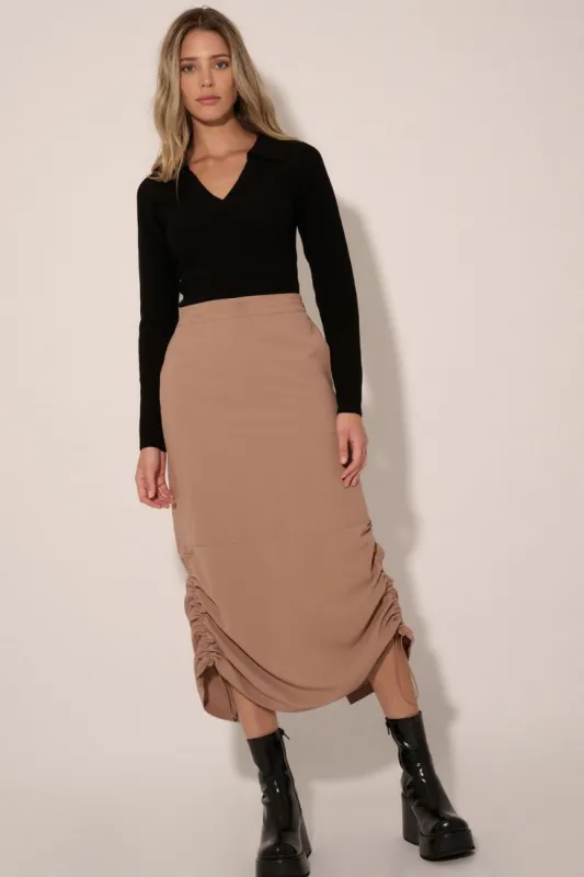 Taupe Solid Drawstring Side Back Elastic Midi Skirt sold by Pinkblush