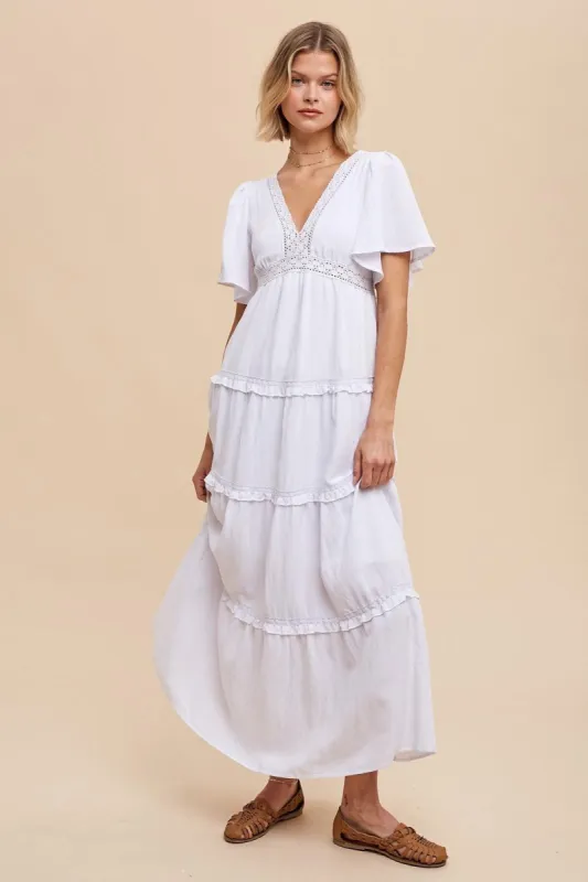 Ivory Crochet Lace Tiered Maxi Dress sold by Pinkblush