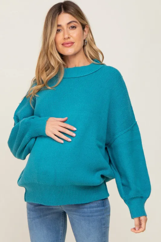 Turquoise Ribbed Knit Long Sleeve Maternity Sweater sold by Pinkblush