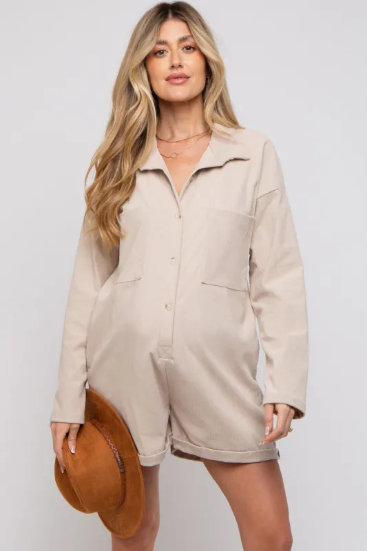 Beige Corduroy Button Up Front Pocket Maternity Romper sold by Pinkblush