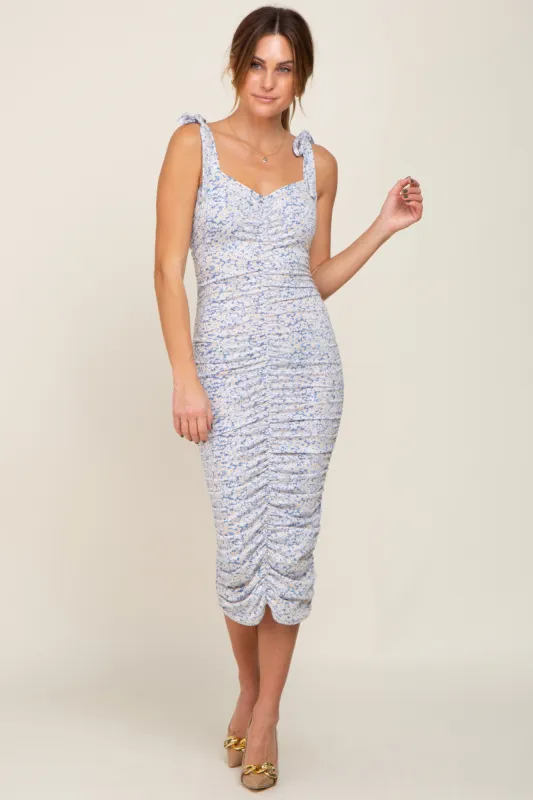 Light Blue Floral Ruched Shoulder Tie Dress sold by Pinkblush
