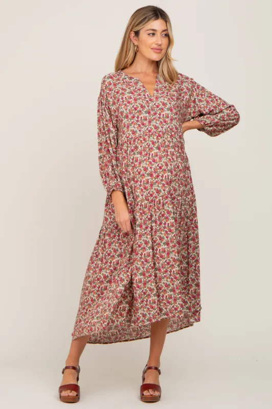 Beige Floral Maternity Tiered Midi Dress sold by Pinkblush