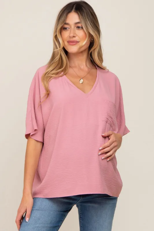 Mauve Oversized V-Neck Pocket Front Maternity Blouse sold by Pinkblush