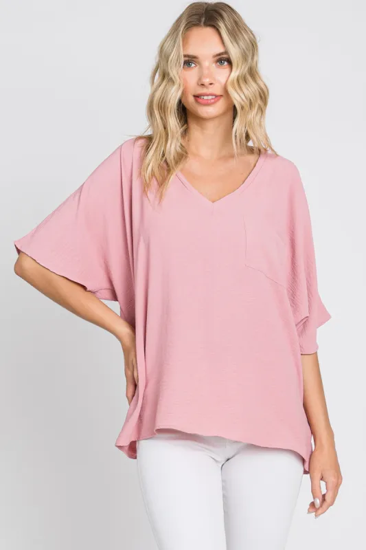 Mauve Oversized V-Neck Pocket Front Blouse sold by Pinkblush