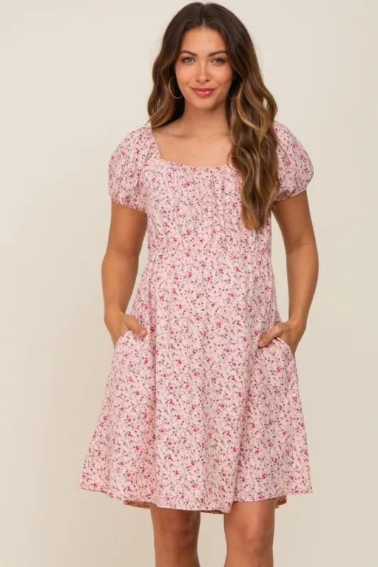 Light Pink Floral Shirred Short Sleeve Maternity Dress sold by Pinkblush