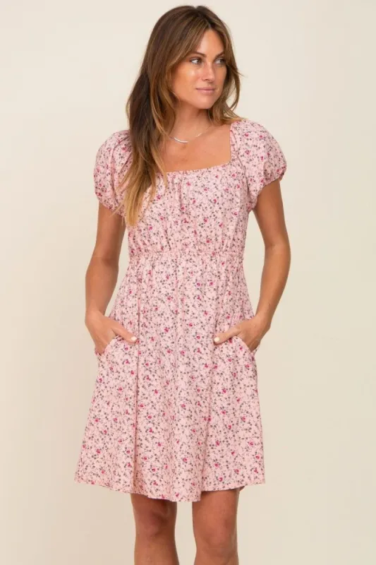 Light Pink Floral Shirred Short Sleeve Dress sold by Pinkblush