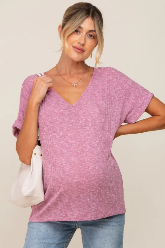 Magenta Ribbed Cuffed Short Sleeve Maternity Top sold by Pinkblush