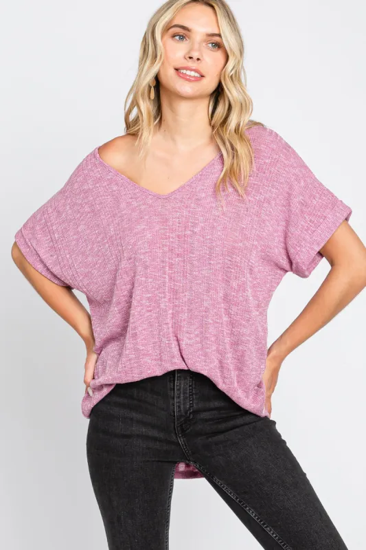 Magenta Ribbed Cuffed Short Sleeve Top sold by Pinkblush