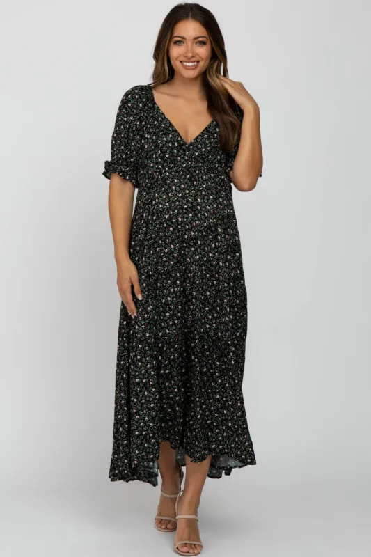 Green Floral V-Neck Ruffle Sleeve Maternity Midi Dress sold by Pinkblush