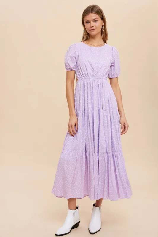 Lavender Floral Open Back Tiered Midi Dress sold by Pinkblush