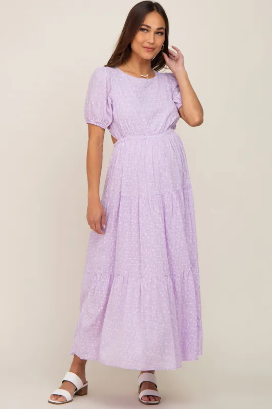 Lavender Floral Open Back Tiered Maternity Midi Dress sold by Pinkblush