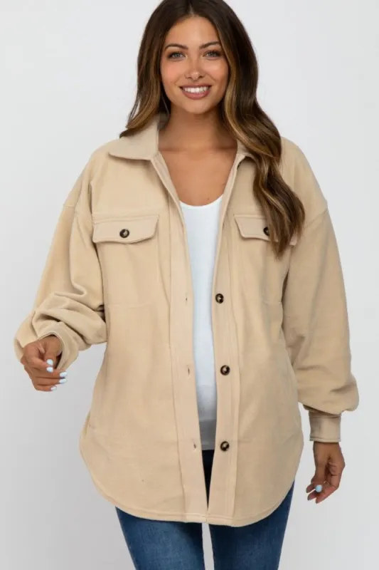 Beige Fleece Button Down Oversized Maternity Jacket sold by Pinkblush
