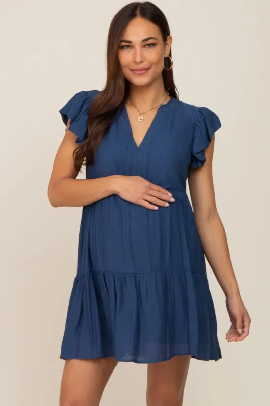 Navy Blue Ruffle Sleeve Tiered Maternity Dress sold by Pinkblush