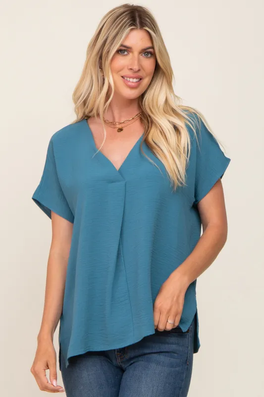 Teal Oversized V-Neck Blouse sold by Pinkblush