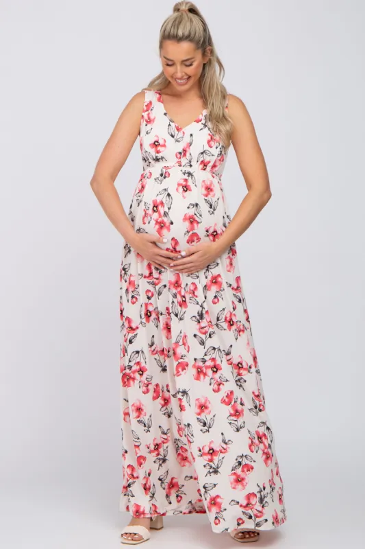 Ivory Floral Waist Tie Maternity Maxi Dress sold by Pinkblush