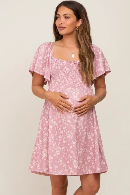 Mauve Floral Smocked Maternity Dress sold by Pinkblush