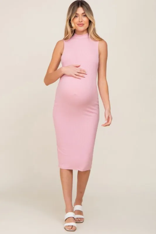 Pink Ribbed Mock Neck Maternity Midi Dress sold by Pinkblush