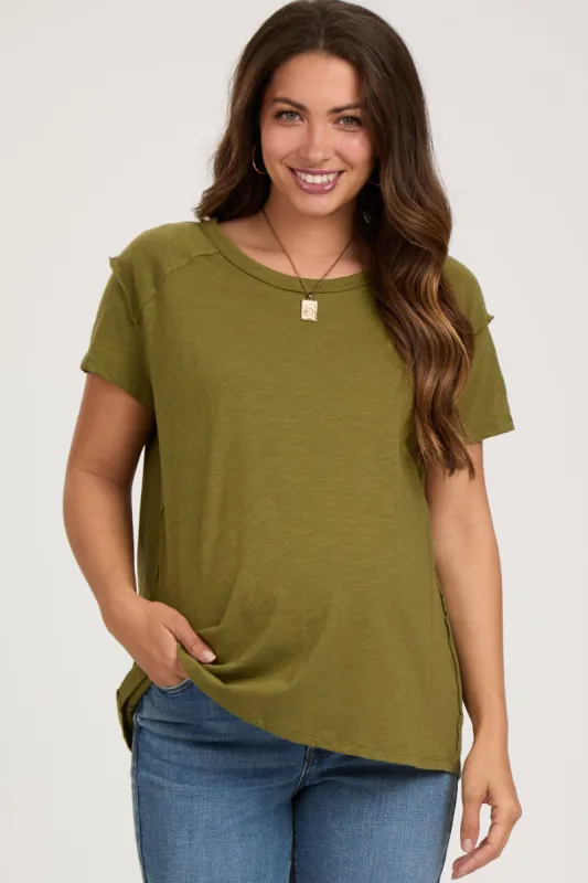 Olive Raw Hem Maternity Short Sleeve Top sold by Pinkblush