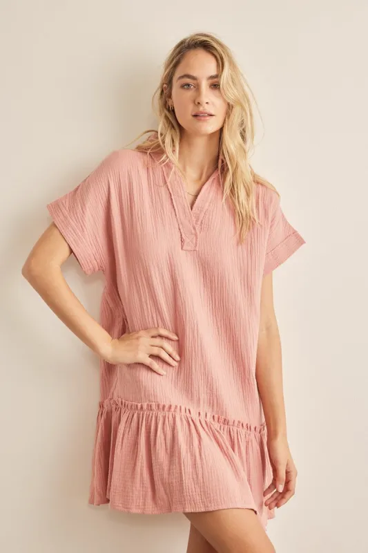 Dusty Salmon Crinkled Cotton Guaze Relaxed Fit Ruffled Dress sold by Pinkblush