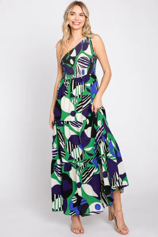 Green Printed One Shoulder Tiered Maxi Dress made by Sugarlips