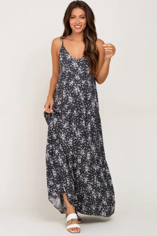 Charcoal Floral Sleeveless Tiered Maternity Maxi Dress sold by Pinkblush