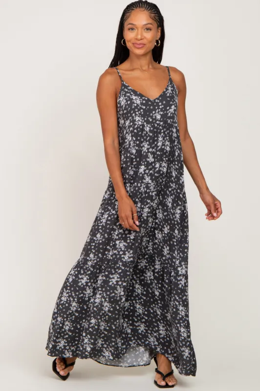 Charcoal Floral Sleeveless Tiered Maxi Dress sold by Pinkblush