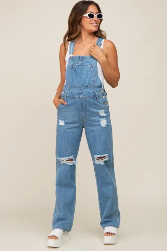 Blue Medium Wash Distressed Denim Maternity Overalls sold by Pinkblush