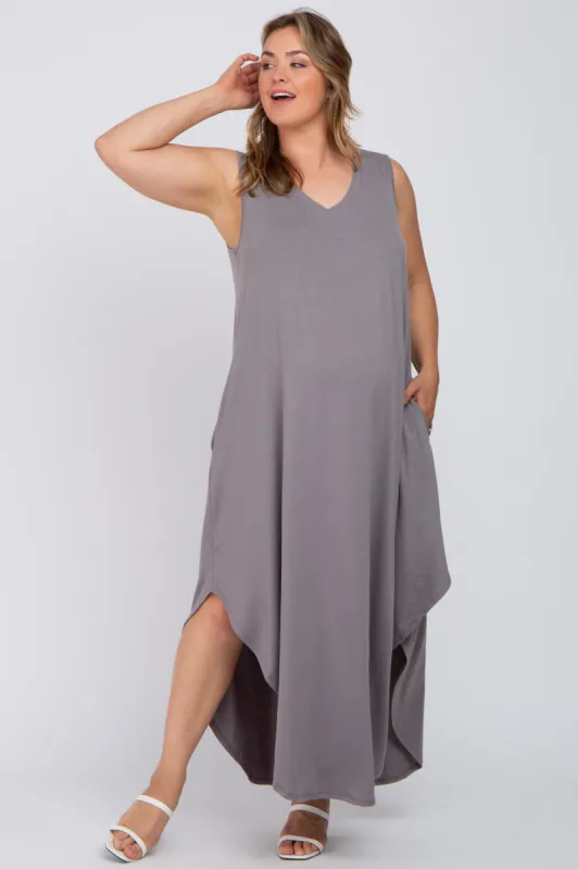 Grey V-Neck Basic Maternity Plus Maxi Dress sold by Pinkblush