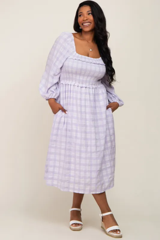 Lavender Plaid Smocked Square Neck Lace-Up Back Plus Midi Dress sold by Pinkblush