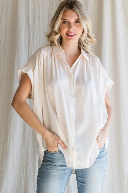 Ivory Satin Button Down Smocked Accent Top sold by Pinkblush