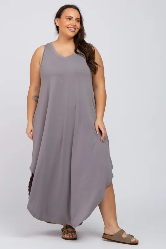 Grey V-Neck Basic Plus Maxi Dress sold by Pinkblush