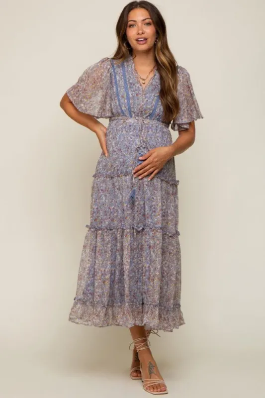 Blue Floral Button Top Ruffle Tiered Maternity Midi Dress sold by Pinkblush