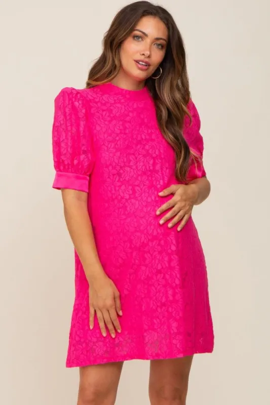 Fuchsia Lace Short Sleeve Satin Tie Maternity Dress sold by Pinkblush